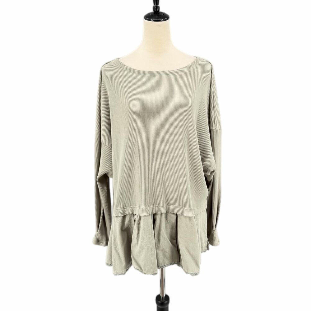 Free People Olive Green Ribbed Slouchy Flowy Hem Boho Chic Oversized Tunic Top
